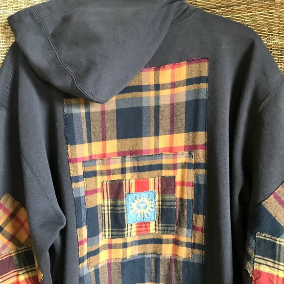 Upcycled Patchwork Hoodie, L-XL: Oversized Grunge Sweatshirt, Navy Plaid Flannel - Picture 15 of 15